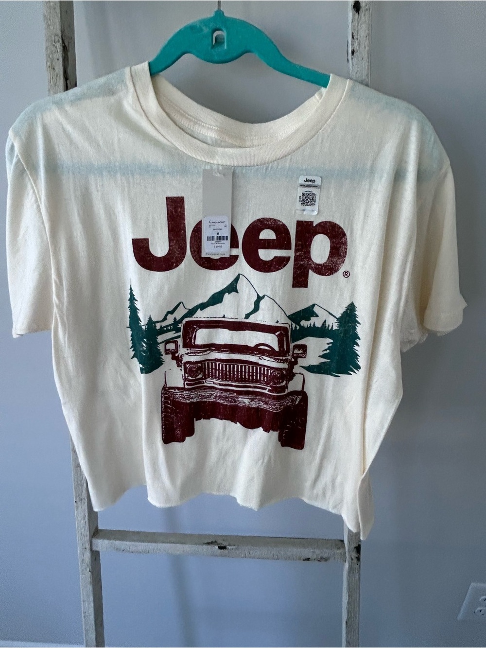 NWT Francesca’s  Collections Cream Graphic Jeep Tee with Maroon & Forest Green